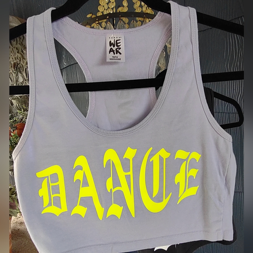 Zumba Wear lavender crop top, dance logo across front, Size Spicy Small T back